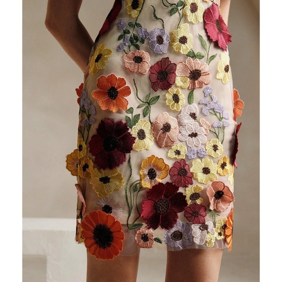 Classic Colorful Floral Applique Puff Sleeve Fitted Mini Dress - Picture 5 of 5